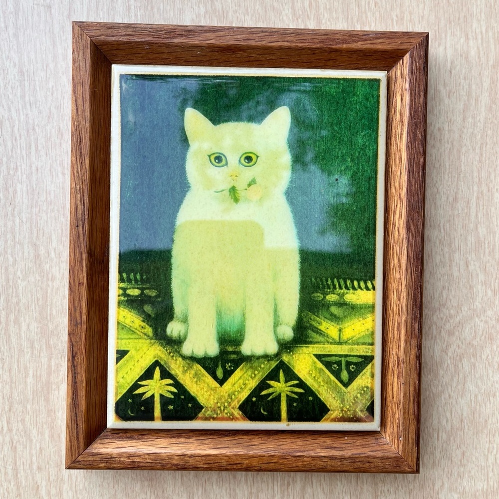 Martin Leman Vintage Cat Tile In Wood Frame
